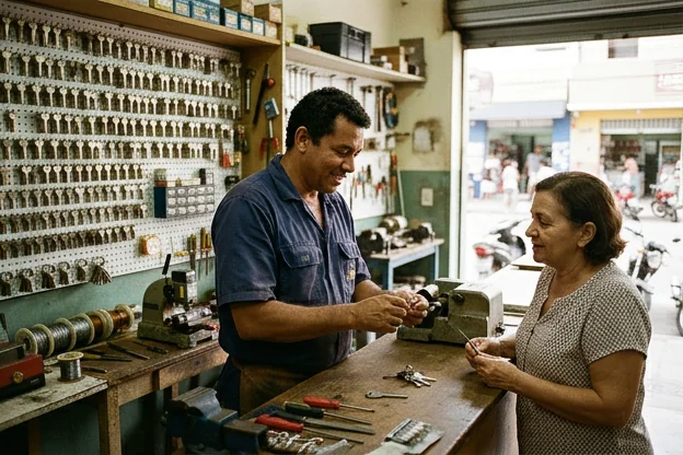 Chaveiro atendendo um cliente em Maracanaú, mostrando profissionalismo.