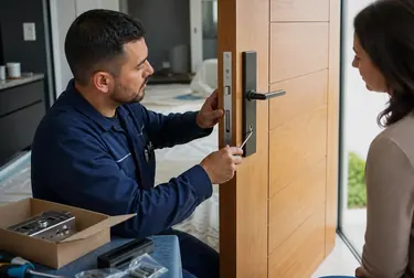 Chaveiro instalando uma nova fechadura em uma porta em Maracanaú.