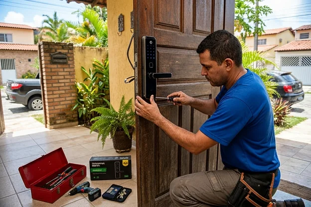 Fechadura digital instalada em uma porta em Maracanaú, mostrando tecnologia de segurança.